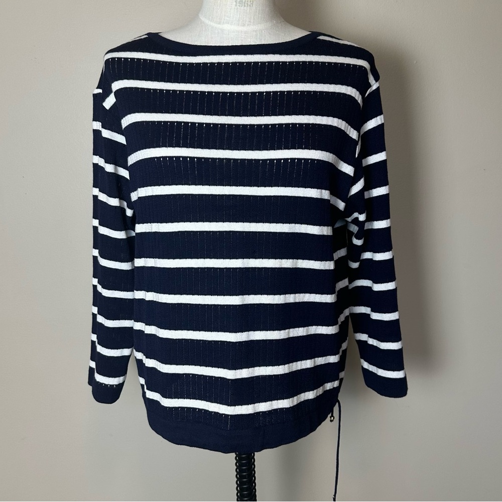 St John Sport by Marie Gray Striped Top Dark Blue White Drawstring bottom size P